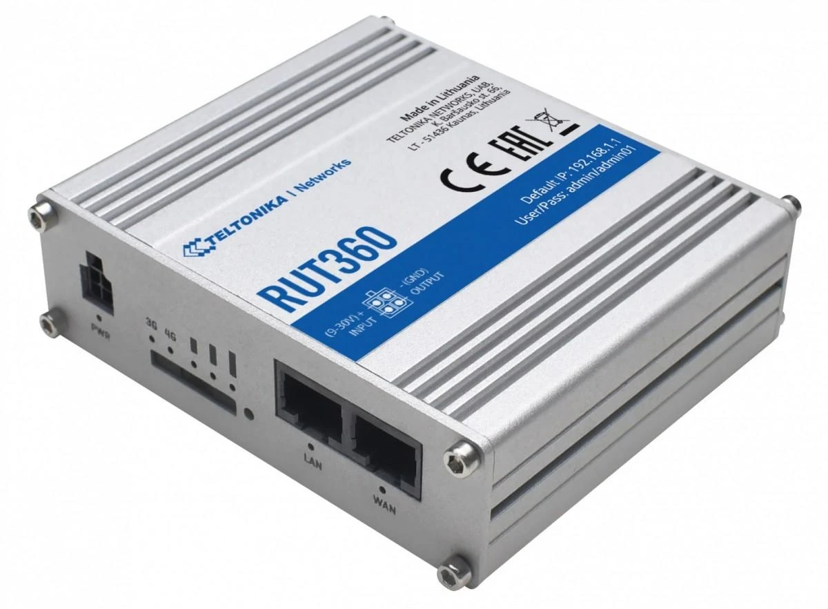 Teltonika | Pramoninis korinio ryšio maršrutizatorius | RUT360 LTE CAT6 | 1 x LAN jungtis, 10/100 Mbps, atitinka IEEE 802.3, IEEE 802.3u standartus, palaiko automatinį MDI/MDIX perjungimą, Mbit/s | Ethernet LAN (RJ-45) jungtys, 2 x RJ45 jungtys, 10/100 Mbps | Mesh palaikymas: Ne | MU-MiMO: Taip | 3G/4G duomenų bendrinimas | Antenos tipas: 2 x SMA, skirta LTE, 2 x RP-SMA, skirta WiFi