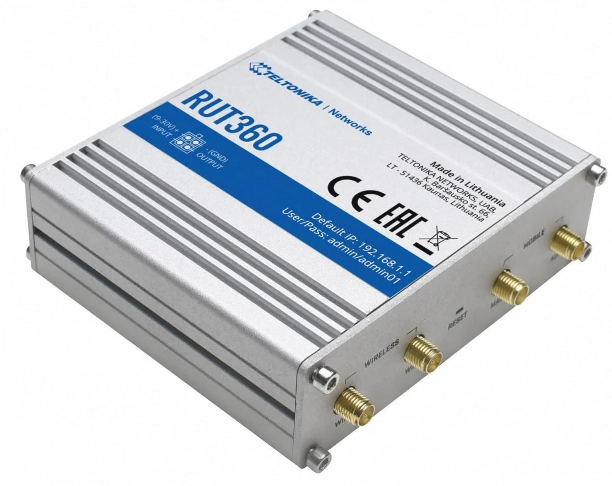 Teltonika | Pramoninis korinio ryšio maršrutizatorius | RUT360 LTE CAT6 | 1 x LAN jungtis, 10/100 Mbps, atitinka IEEE 802.3, IEEE 802.3u standartus, palaiko automatinį MDI/MDIX perjungimą, Mbit/s | Ethernet LAN (RJ-45) jungtys, 2 x RJ45 jungtys, 10/100 Mbps | Mesh palaikymas: Ne | MU-MiMO: Taip | 3G/4G duomenų bendrinimas | Antenos tipas: 2 x SMA, skirta LTE, 2 x RP-SMA, skirta WiFi