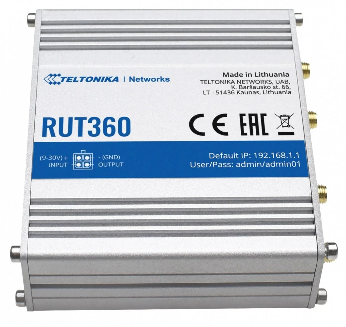 Teltonika | Pramoninis korinio ryšio maršrutizatorius | RUT360 LTE CAT6 | 1 x LAN jungtis, 10/100 Mbps, atitinka IEEE 802.3, IEEE 802.3u standartus, palaiko automatinį MDI/MDIX perjungimą, Mbit/s | Ethernet LAN (RJ-45) jungtys, 2 x RJ45 jungtys, 10/100 Mbps | Mesh palaikymas: Ne | MU-MiMO: Taip | 3G/4G duomenų bendrinimas | Antenos tipas: 2 x SMA, skirta LTE, 2 x RP-SMA, skirta WiFi