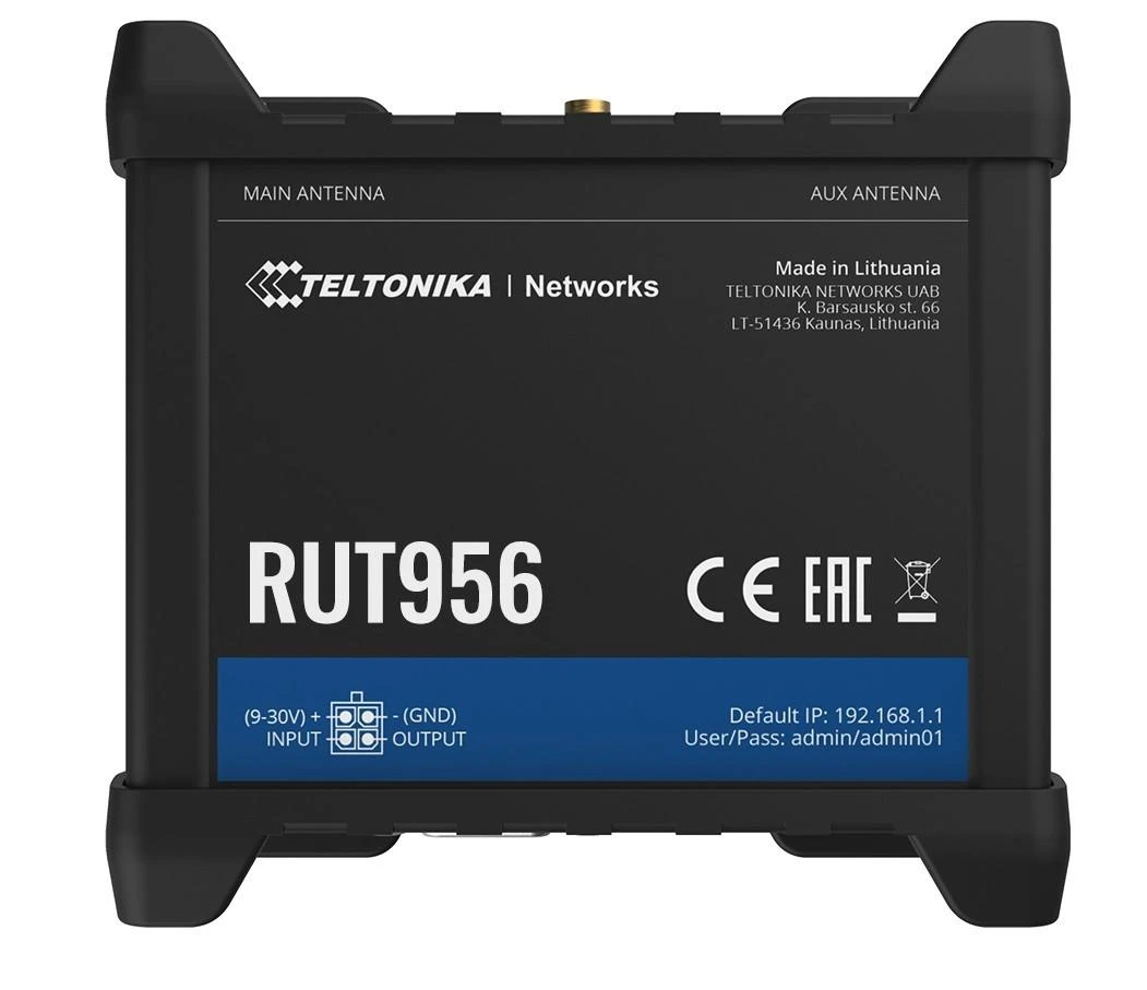 Šakotuvas Teltonika | Pramoninis maršrutizatorius | RUT956 | 802.11n | 10/100 Mbit/s | Ethernet LAN (RJ-45) jungtys 4 | Palaikomas tinklelis: ne | MU-MiMO: ne | 2G/3G/4G | Antenos tipas: 2 x SMA, skirtas LTE, 2 x RP-SMA, skirtas WiFi, 1 x SMA, skirtas GNSS | 1 x USB 2.0