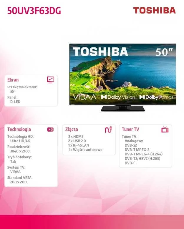 Toshiba Televizorius LED 50 cali 50UV3F63DG