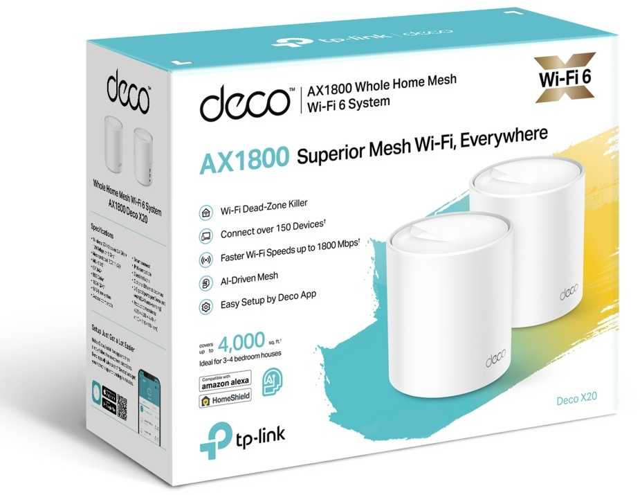 Maršrutizatorius „TP-Link AX1800 Whole Home Mesh Wi-Fi 6“ sistema | Deco X20 (2 pakuotės) | 802.11ax | 1201+574 Mbit/s | 10/100/1000 Mbit/s | Ethernet LAN (RJ-45) jungtys 2 | Tinklelio palaikymas Taip | MU-MiMO Taip | Nėra mobiliojo plačiajuosčio ryšio | Antenos tipas 4xInternal per Deco uni