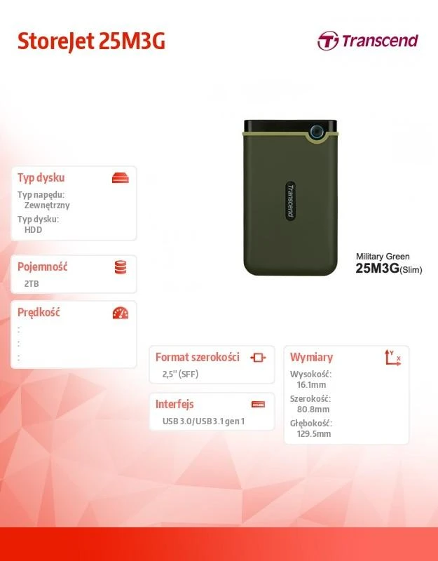 Kietasis diskas TRANSCEND 2TB StoreJet 25M3G USB 3.1 2.5 guminis dėklas su apsauga nuo smūgių, Military Žalias Slim