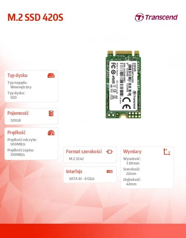 Transcend SSD 120GB, M.2 2242, SATA3, TLC, 560/500Mb/s