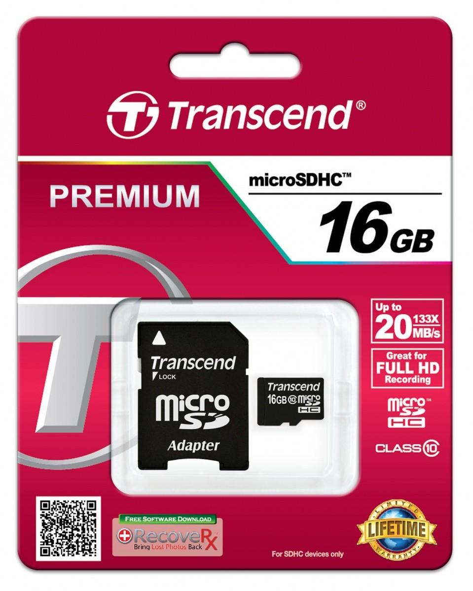 Atminties kortelė TRANSCEND 16GB micro SDHC kortelė, 10 klasė, su SD adapteriu