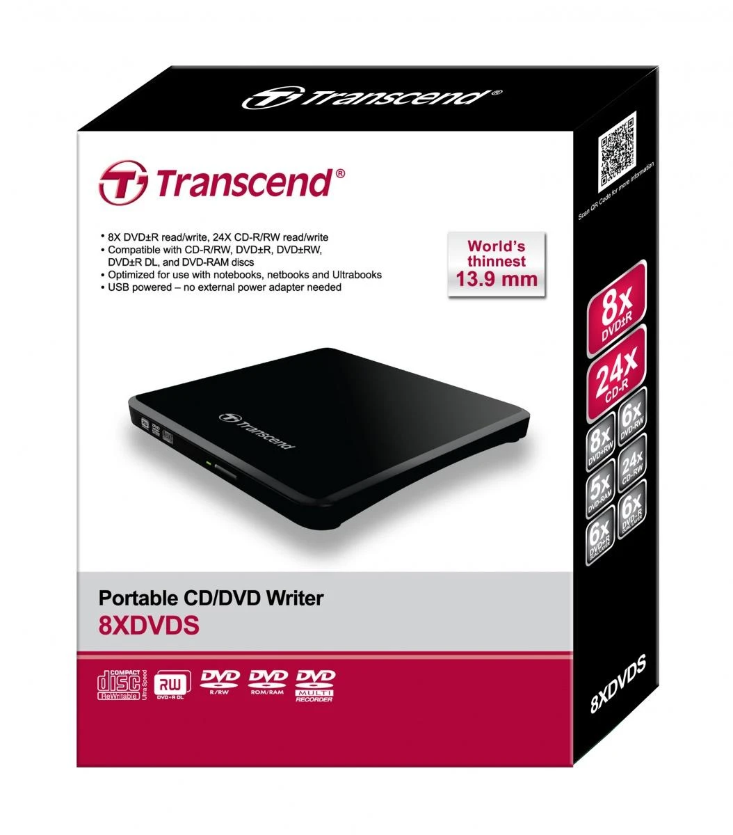 TRANSCEND 8X DVDS-K Ultra-slim Writer USB 2.0 extern Juodas CD-R/RW DVD+/-R DVD+/-RW DVD+/-R DL DVD-RAM