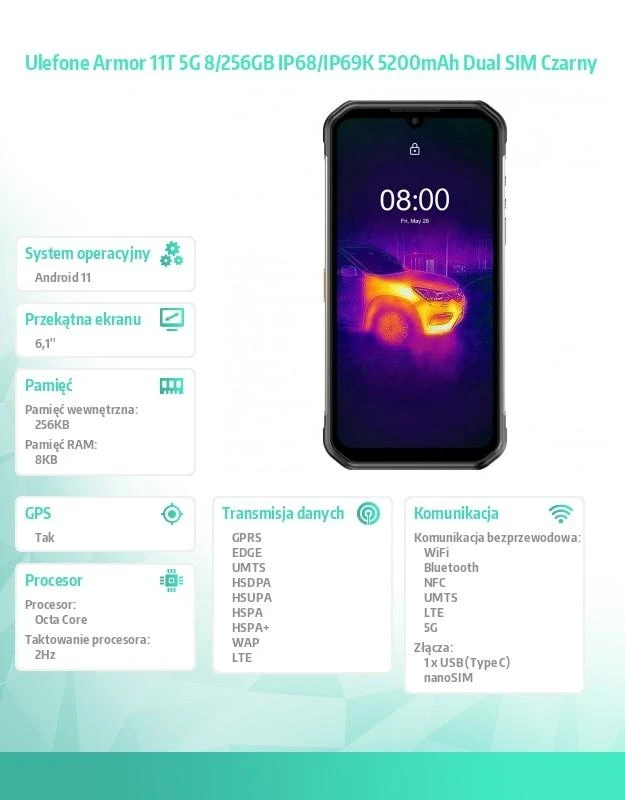 Išmanusis telefonas UleFone Armor 11T 5G 8/256GB Juodas (UF-A11T/BK)