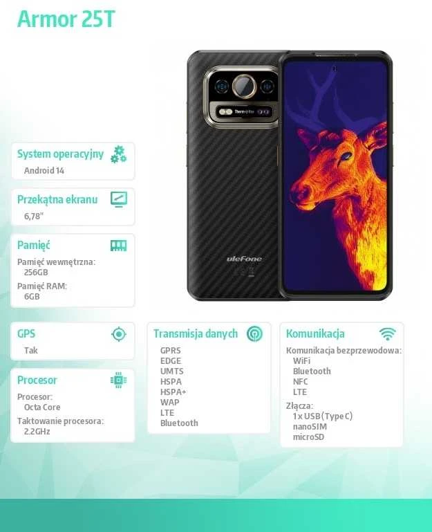 Mobilus telefonas - ULEFONE ARMOR 25T 6GB RAM 256GB Atmintis 50MP Kamera Šalčio Juoda