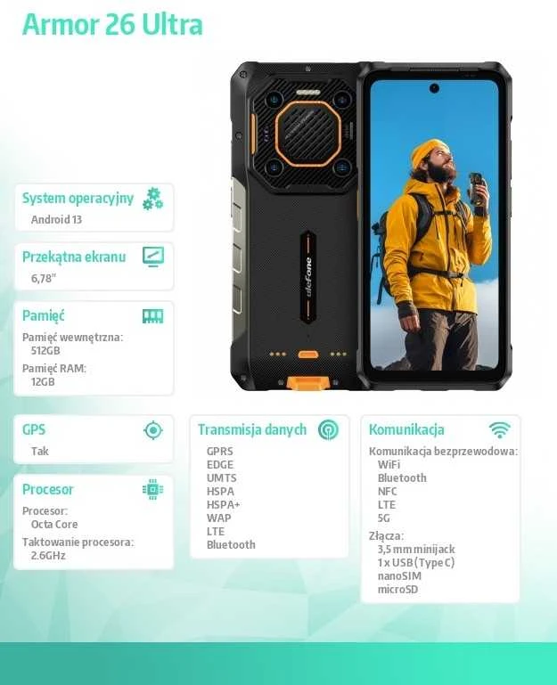 Mobilus telefonas - ULEFONE ARMOR 26 ULTRA 12GB RAM 512GB 5G 200MP Juodas