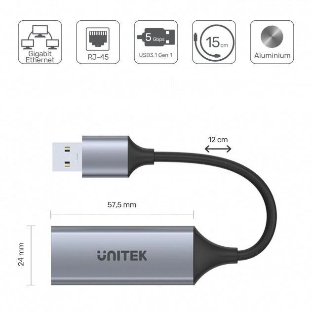 UNITEK adapteris USB-A 3.1 Gen 1 – RJ45 1000 MBps U1309A
