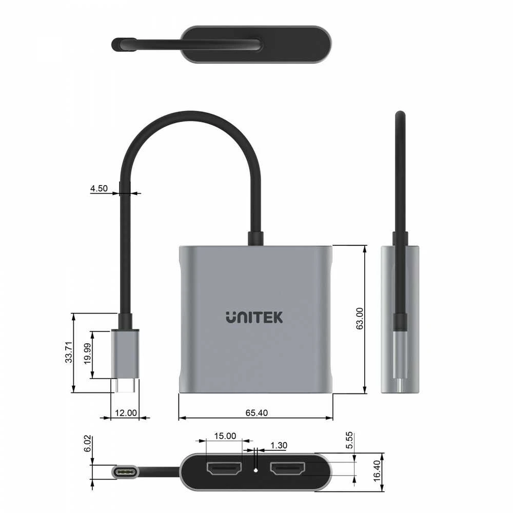 Unitek USB-C į 2x HDMI adapteris - techninių matmenų schema