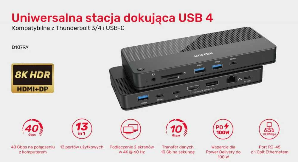Unitek Doko stotelė 12w1, HDMI 8K, USB 4, 100 W