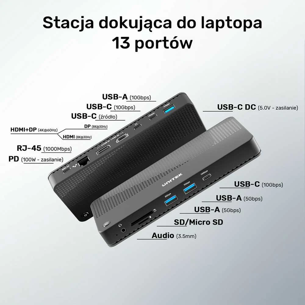Unitek Doko stotelė 12w1, HDMI 8K, USB 4, 100 W