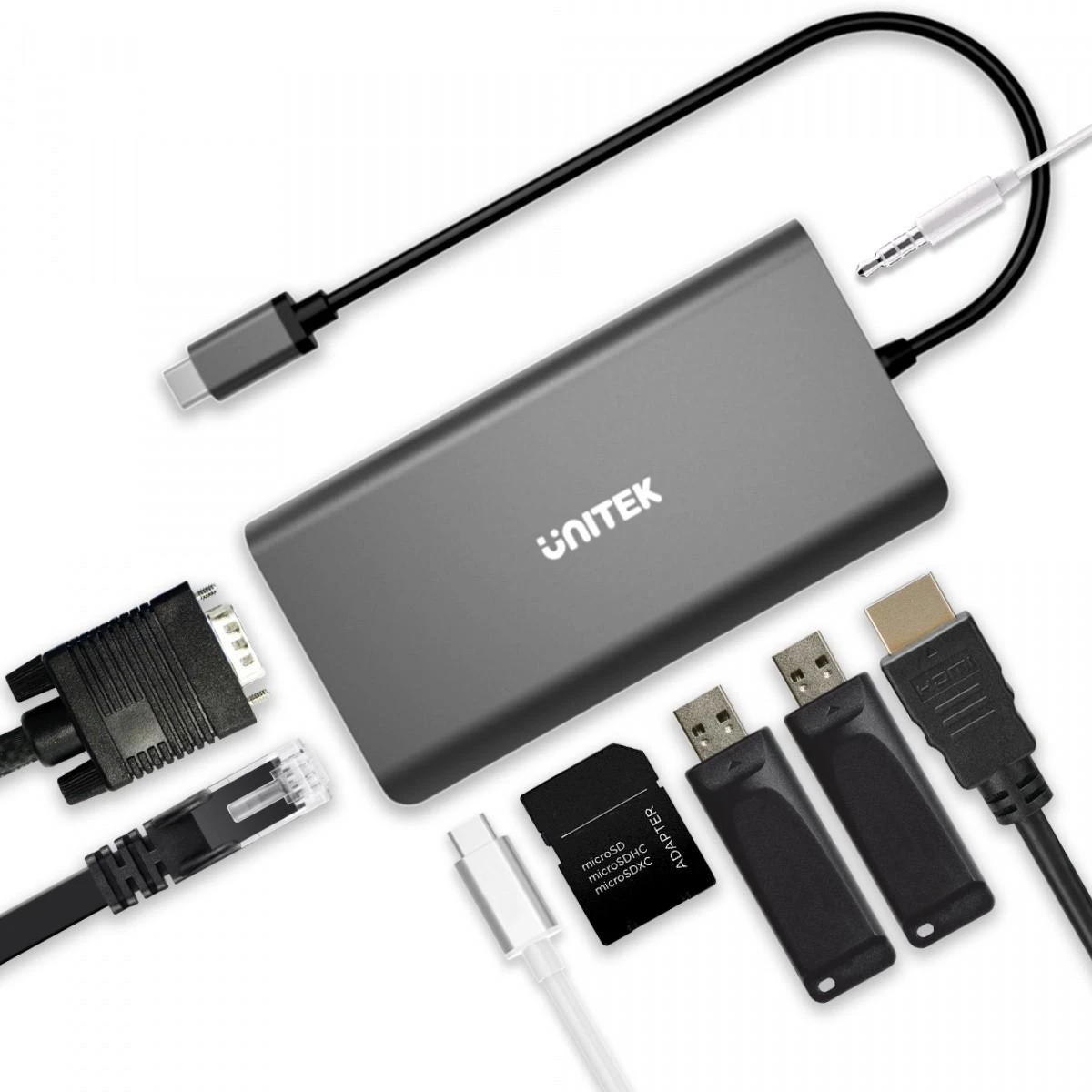 UNITEK D1019B HUB 8IN1 USB-C 3.1 maitinimo tiekimas 100 W