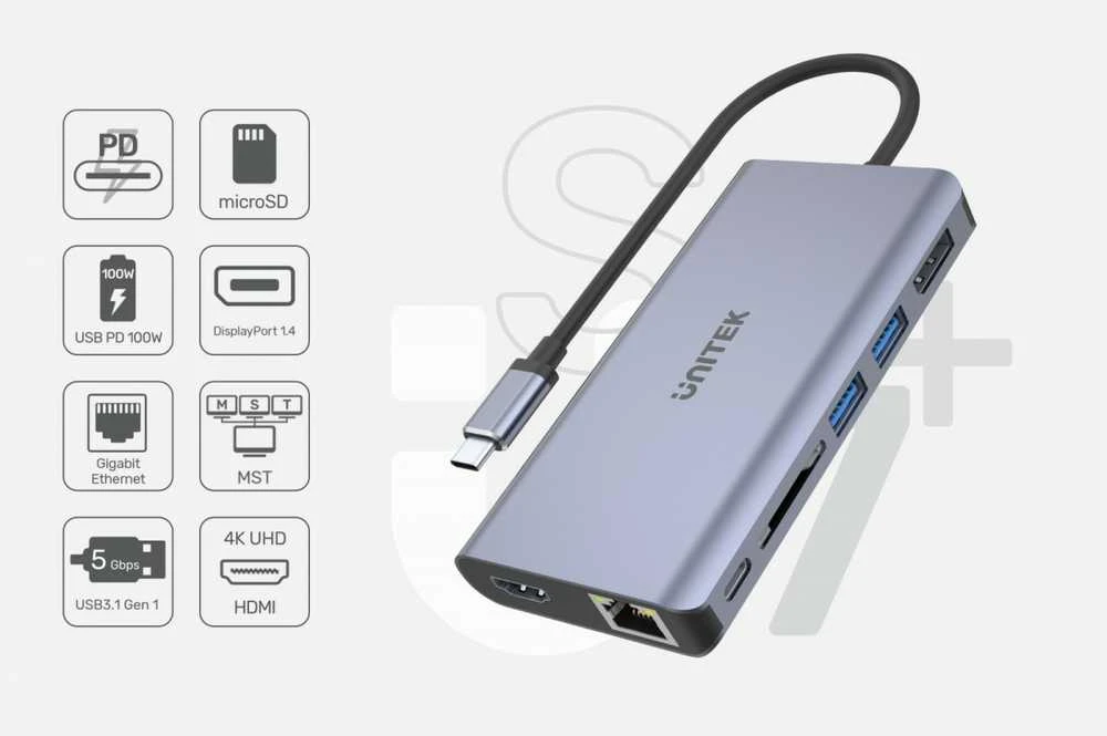 UNITEK D1056A šakotuvas USB-C 2x USB 3.1 HDMI DP RJ45 SD skaitytuvas
