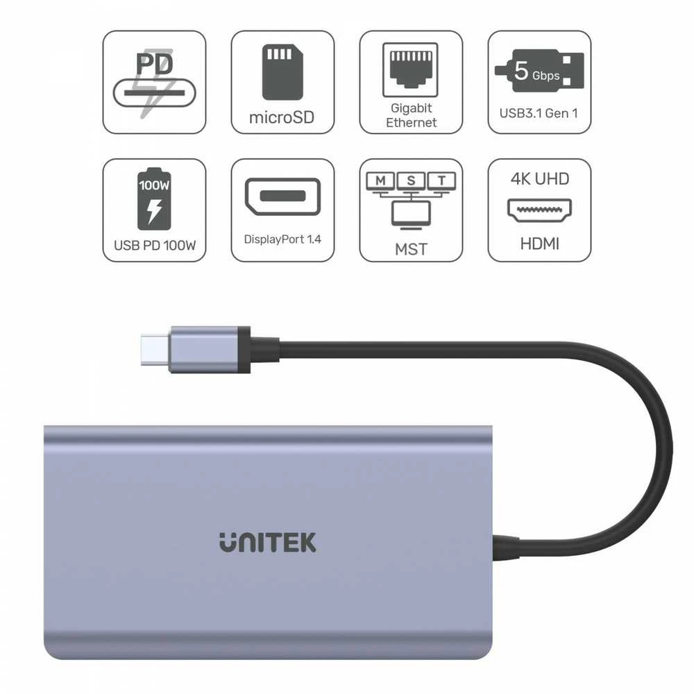 UNITEK D1056A šakotuvas USB-C 2x USB 3.1 HDMI DP RJ45 SD skaitytuvas