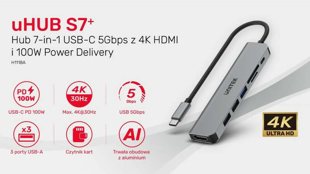 UNITEK H1118A HUB USB-C 7in1 PD 100W HDMI 4K ALU
