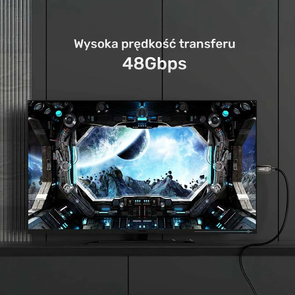 Unitek HDMI kabelis 48Gbps jungtis prie televizoriaus