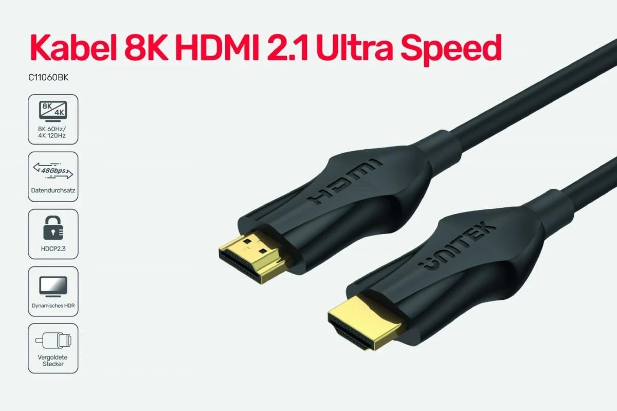 Unitek HDMI 2.1 laidas su techninėmis piktogramomis