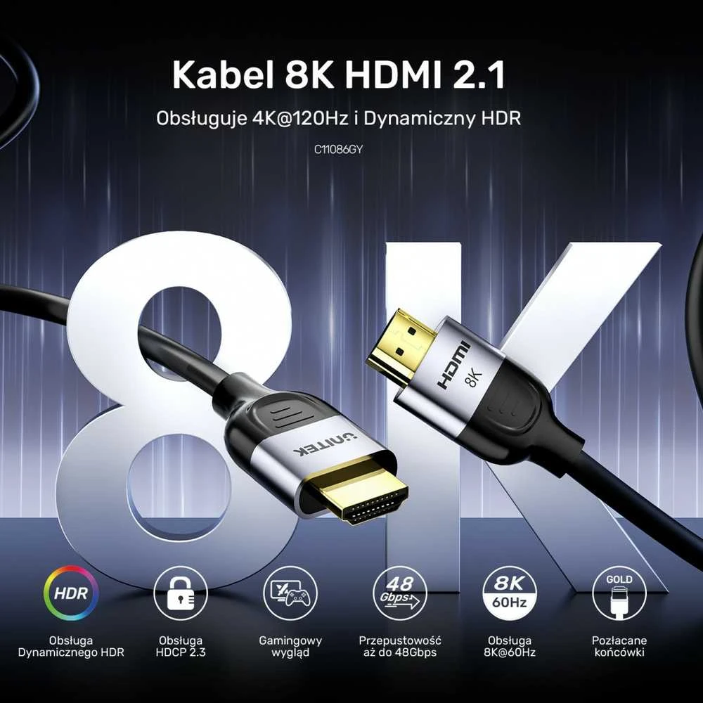 Unitek HDMI 2.1 laidas su techninių parametrų piktogramomis