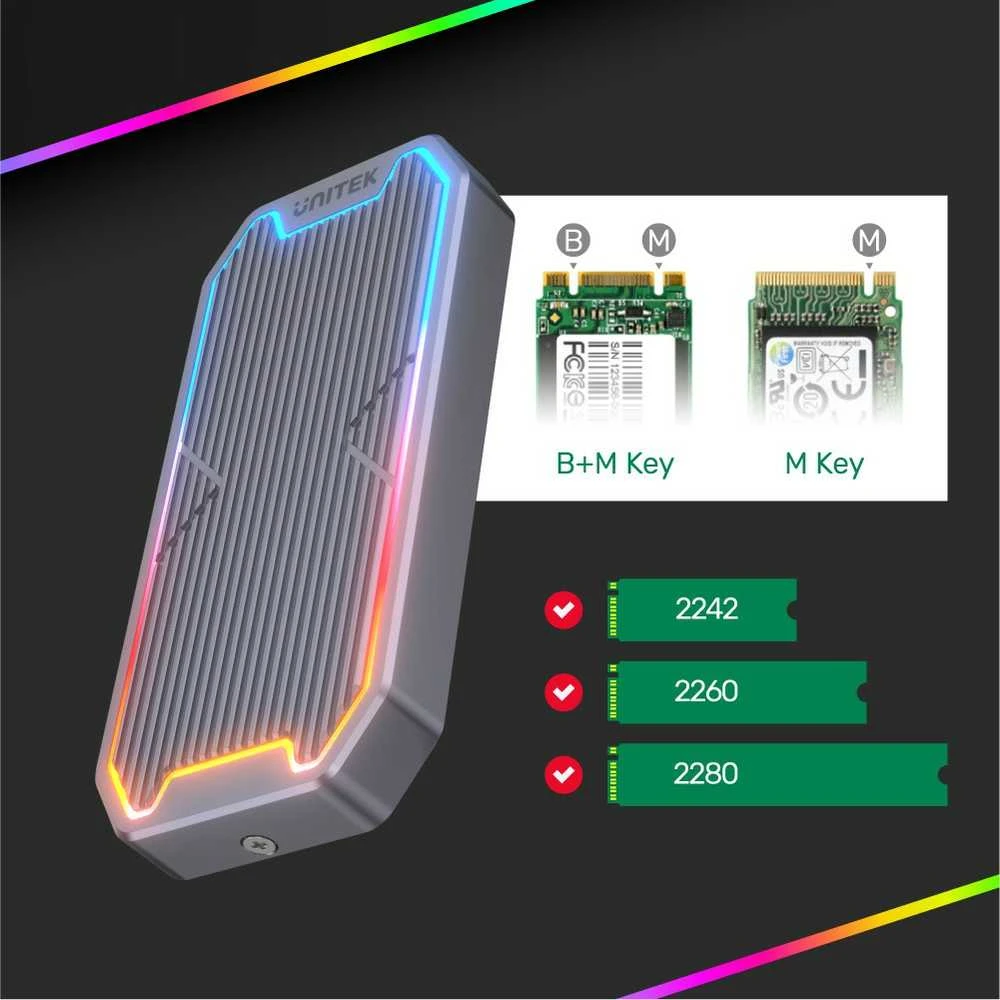 UNITEK USB-C M.2 SSD NVME/SATA išorinis korpusas, 10Gbps, RGB