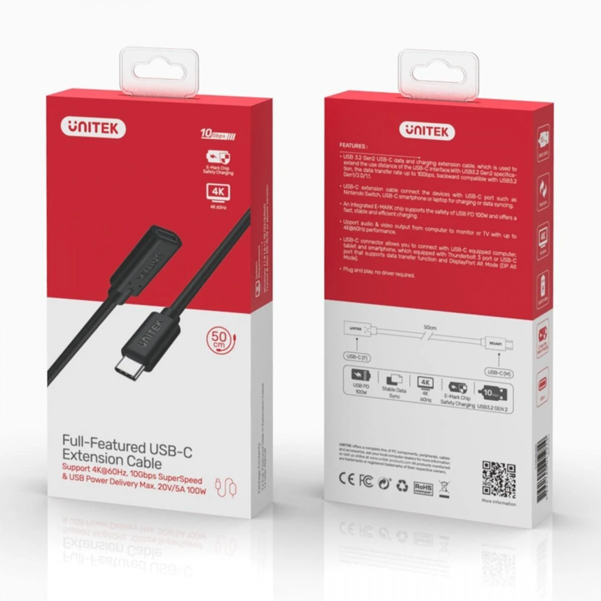 UNITEK C14086BK-1,5 m pratęsimo kabelis USB-C 4K 60HZ PD 20V/5A 1,5m