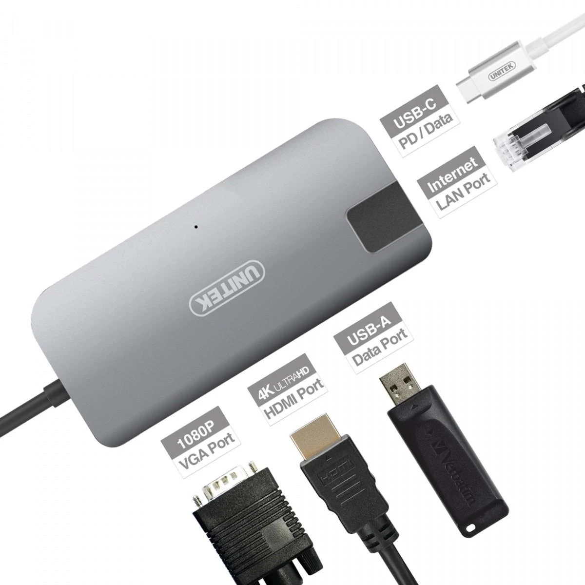 Unitek Hub USB Typ-C + HDMI + VGA + Gigabit + maitinimo tiekimas Y-DK09016