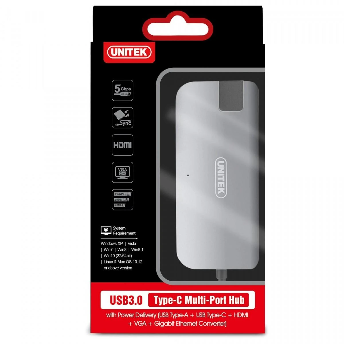 Unitek Hub USB Typ-C + HDMI + VGA + Gigabit + maitinimo tiekimas Y-DK09016