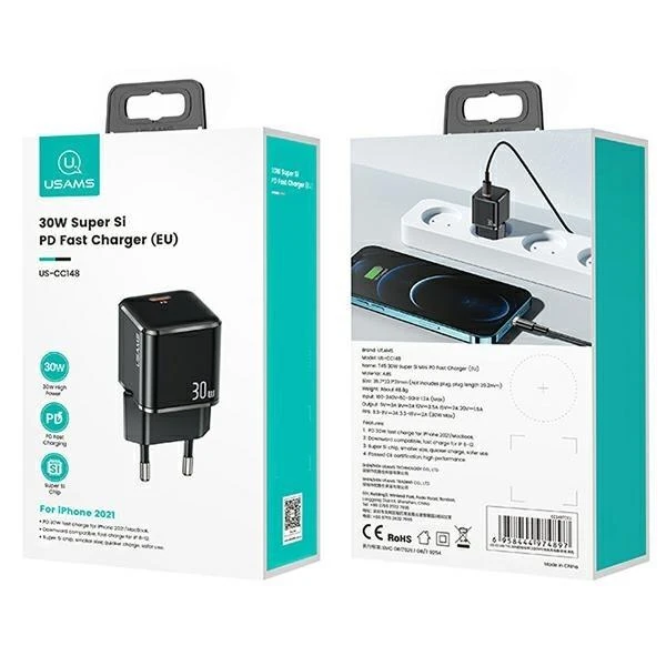 USAMS Laidinis įkroviklis 1xUSB-C T45 mini 30W (only head) PD3.0 Fast Charging baltos spalvos CC148TC02 (US-CC148)