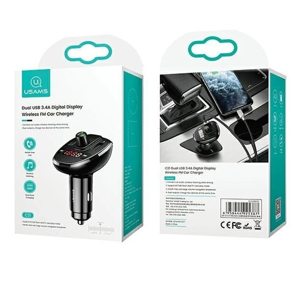 USAMS laisvų rankų įranga C21 su FM siųstuvu, Bluetooth 5.0, MP3, 2xUSB 3.4A juodos spalvos CC115GC
