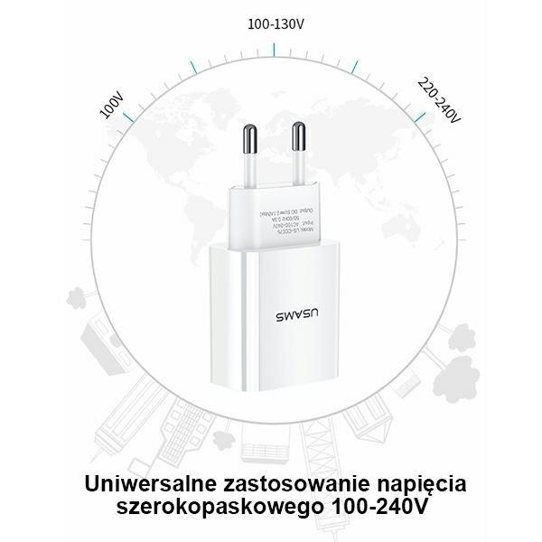 USAMS sieninis įkroviklis 1xUSB T18 2.1A (tik adapteris) baltas, greitasis įkrovimas CC075TC01