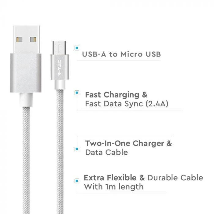 V-tac 1m mikro USB laidas, sidabrinis, laido tipas : pintas.