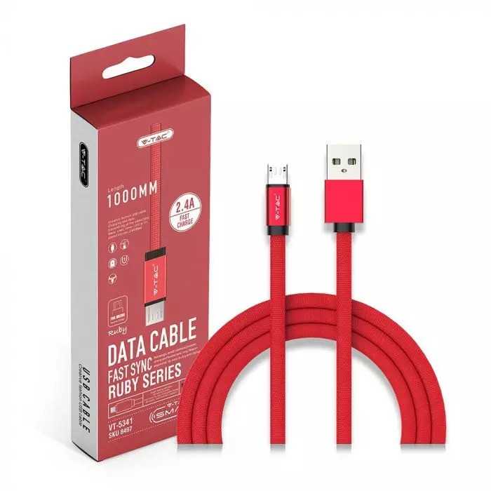 V-tac 1m mikro USB laidas, raudonas, laido tipas- medvilninis audinys