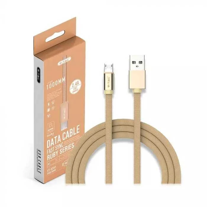 V-tac 1m mikro USB laidas, auksinės spalvos, laido tipas- medvilninis audinys