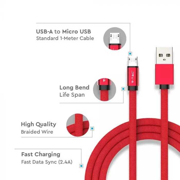 V-tac 1m mikro USB laidas, raudonas, laido tipas- medvilninis audinys