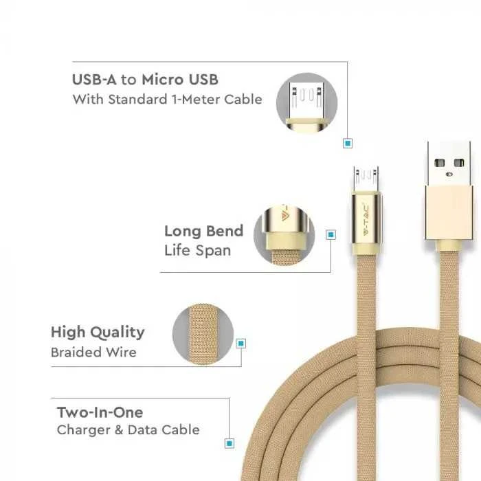 V-tac 1m mikro USB laidas, auksinės spalvos, laido tipas- medvilninis audinys
