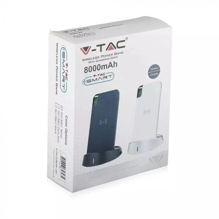 Išorinė baterija (power bank) V-TAC, juodas, 8000mAh su bevielio pakrovimo funkcija, su ekranu.