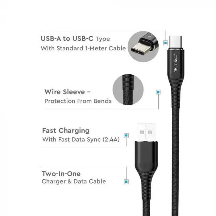 V-tac 1m type-c USB laidas, juodas