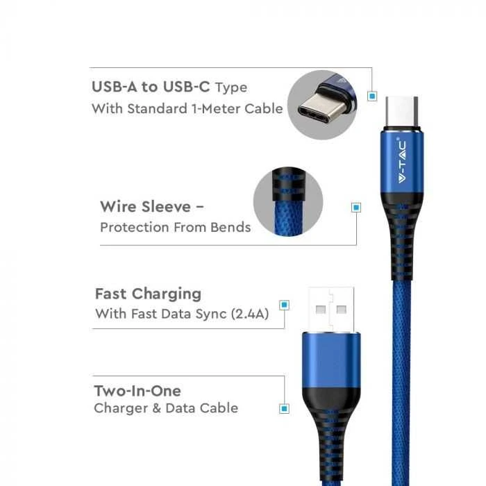 V-tac 1m type-c USB laidas, mėlynas