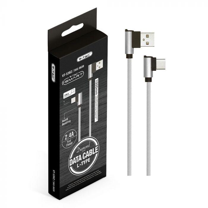 V-tac 1m type-c USB laidas, sidabrinis, pintas audinys
