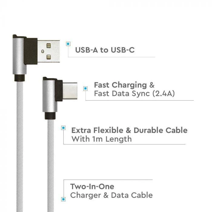 V-tac 1m type-c USB laidas, sidabrinis, pintas audinys