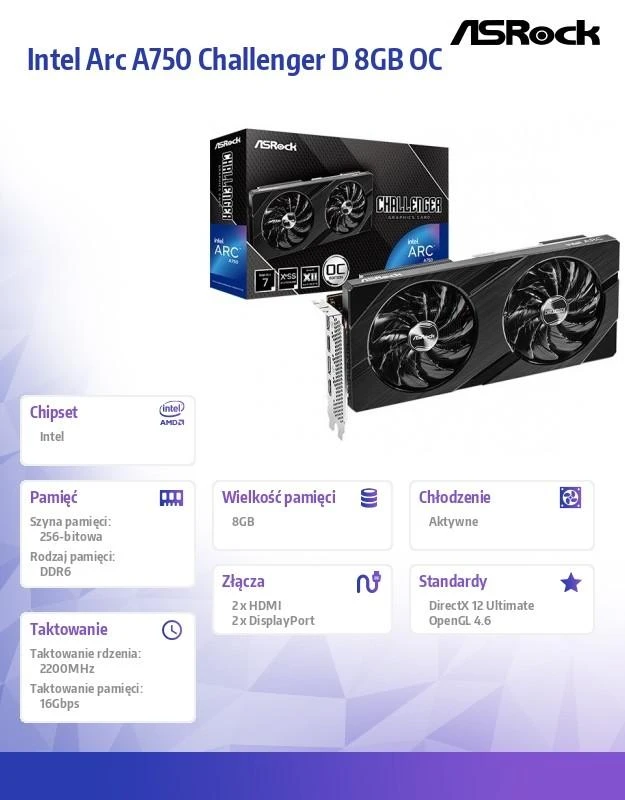 Vaizdo plokštė ASRock Intel Arc A750 Challenger D 8GB OC