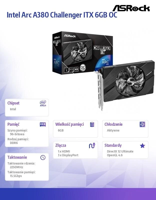 Vaizdo plokštė ASRock Intel Arc A380 Challenger ITX 6GB OC GDDR6 (A380CLI6GO)