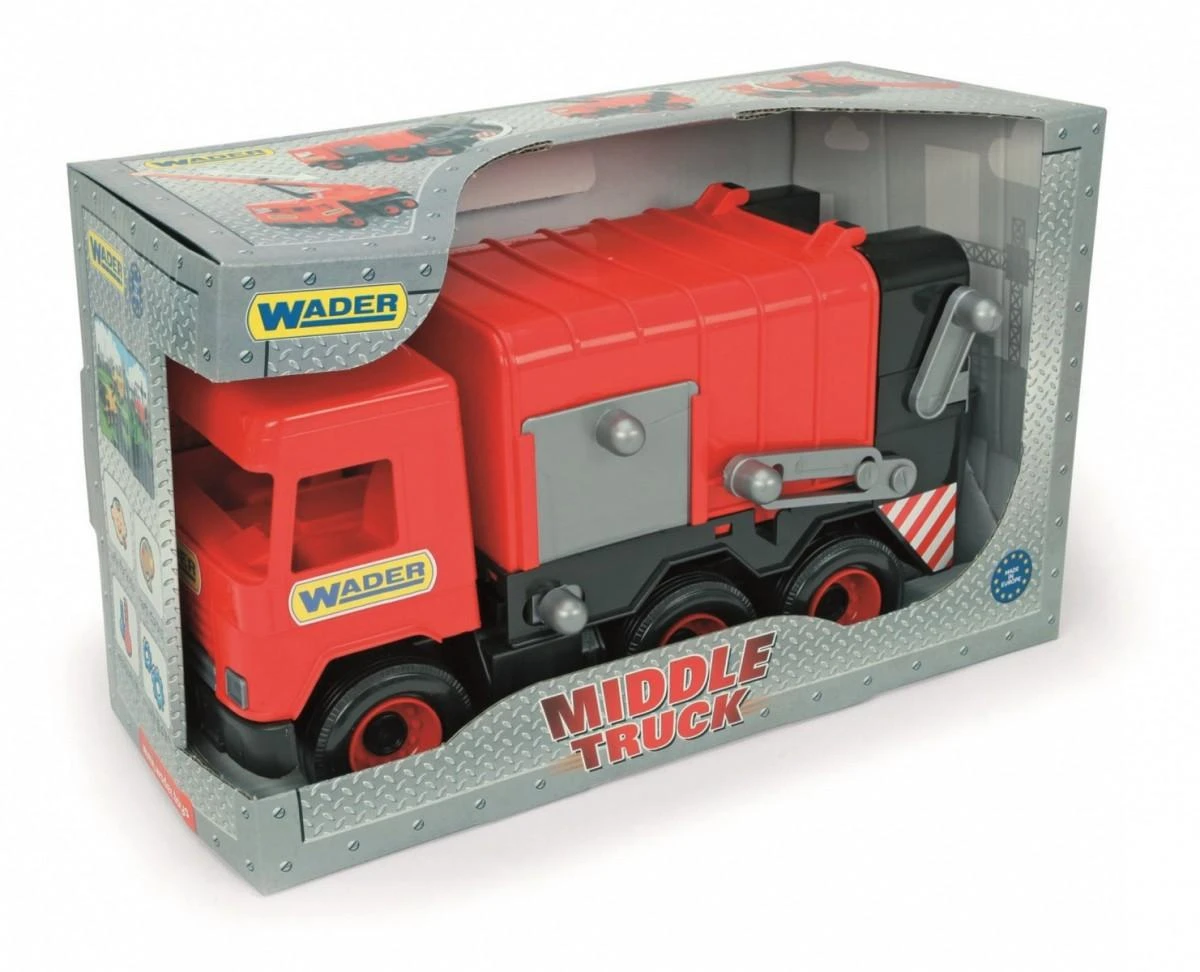 WADER 32113 Middle Truck - Raudonas šiukšliavežis kartoninėje dėžėje