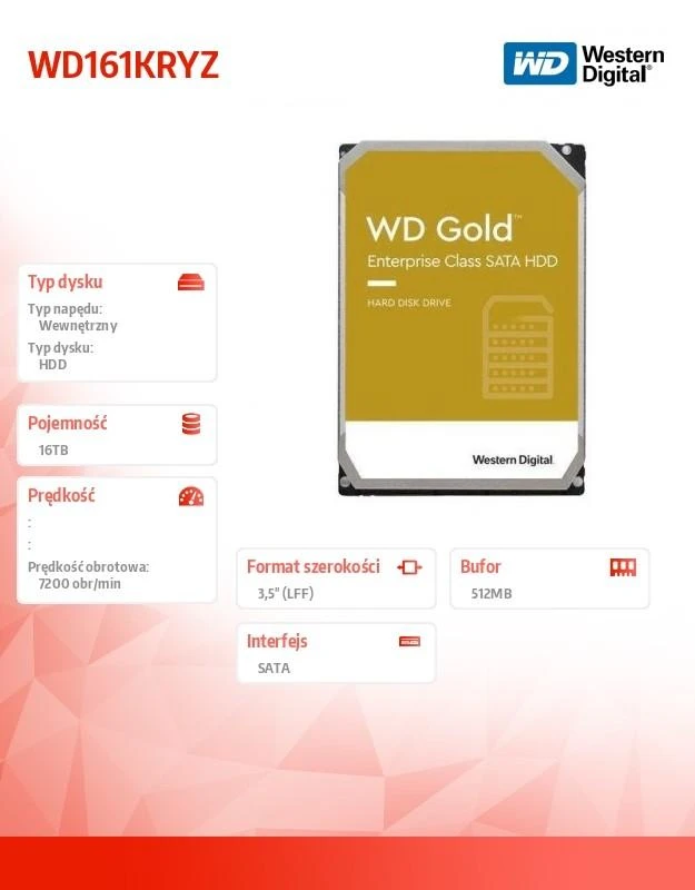 „Sandisk WD Gold“ 16 TB kietasis diskas, 7200 aps./min., 6 Gb/s, sATA, 512 MB talpykla, 3,5 colio vidinė atmintis, atitinkanti RoHS reikalavimus, didelių gabaritų įmonėms.