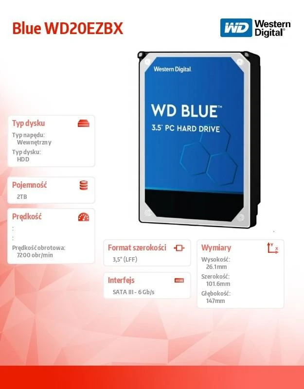 Sandisk Western Digital | Kietasis diskas | Mėlyna WD20EZBX | 7200 RPM | 2000 GB