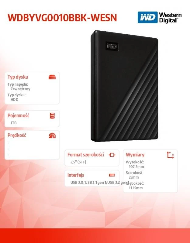 Išorinis kietasis diskas HDD Western Digital My Passport (1TB, USB 3.2) Juodas