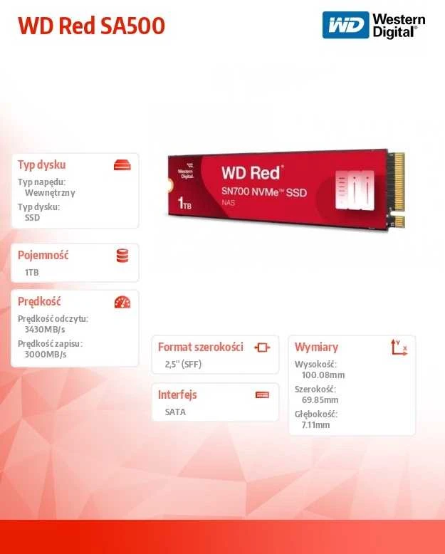 WD Raudona SSD SN700 NVMe 1TB M.2 2280 PCIe Gen3 8Gb/s vidinis diskas NAS įrenginiams, maitinamas „SANDISK“