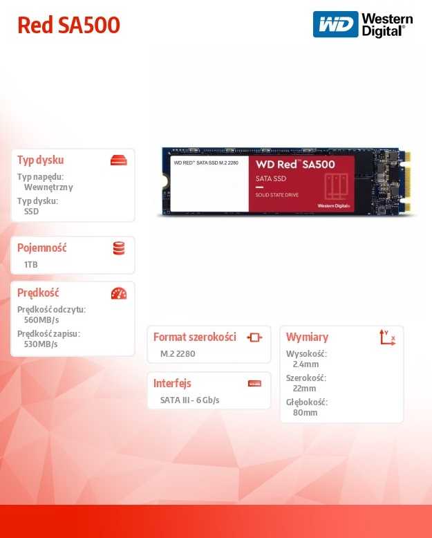 WD Raudona SSD SA500 NAS 1TB SATA III 6Gb/s M.2 2280 vidinis, vienos pakuotės, maitinamas „SANDISK“