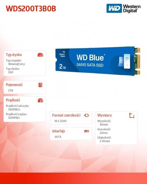Sandisk „Western Digital“ Mėlyna SA510 M.2 2TB serijos ATA III diskas